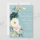 ピンククリームフローラスターダストティール（緑がかった色）ブライダルシャワー 招待状 (正面)