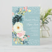 ピンククリームフローラスターダストティール（緑がかった色）ブライダルシャワー 招待状 (スタンド正面)