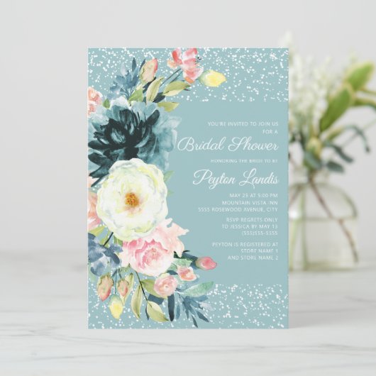 ピンククリームフローラスターダストティール（緑がかった色）ブライダルシャワー 招待状 (スタンド正面)