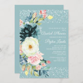 ピンククリームフローラスターダストティール（緑がかった色）ブライダルシャワー 招待状 (正面/裏面)