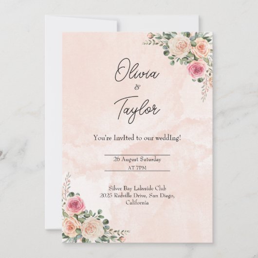 ピンククリームフローラ庭園の結婚式招待状 招待状 (正面)