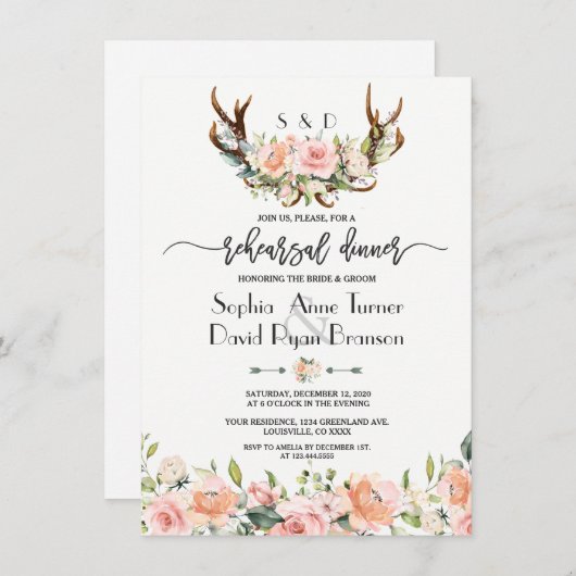 ピンククリームフローラ〔雄ジカの〕枝角リハーサルディナー 招待状 (正面/裏面)