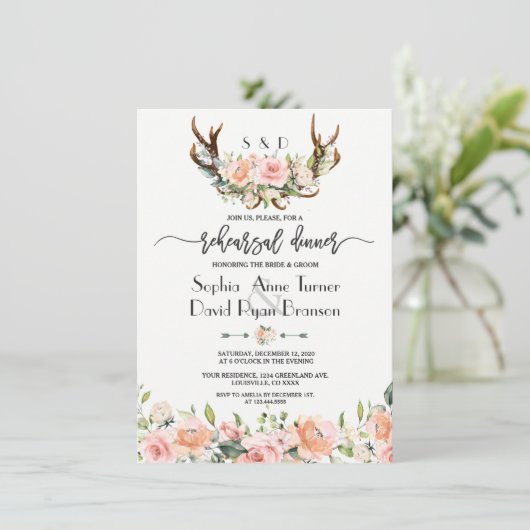 ピンククリームフローラ〔雄ジカの〕枝角リハーサルディナー 招待状 (スタンド正面)