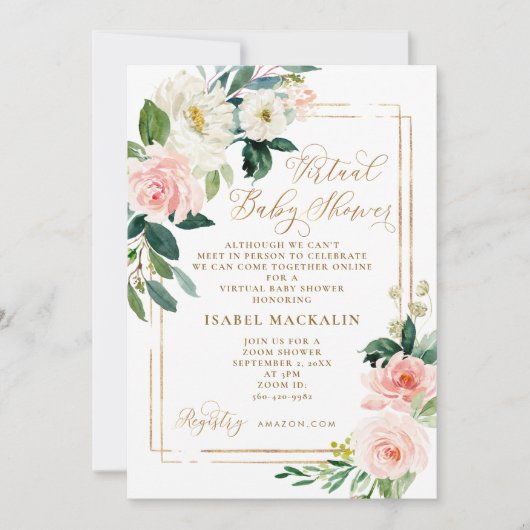 ピンククリーム水彩フローラバーチャルベビーシャワー 招待状 (正面)