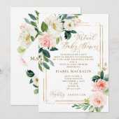 ピンククリーム水彩フローラバーチャルベビーシャワー 招待状 (正面/裏面)