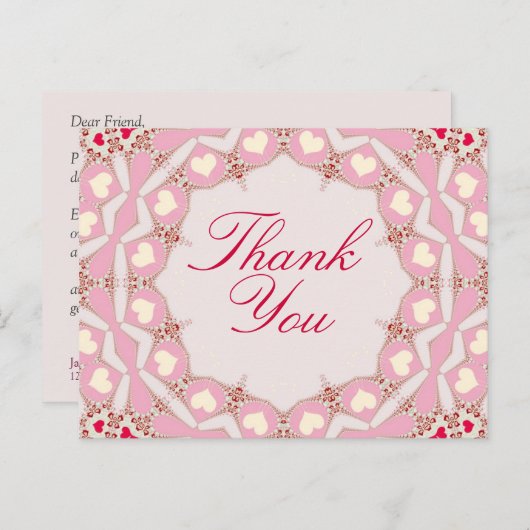 ピンククリーム赤いハートサンキューポストカード ポストカード (正面/裏面)