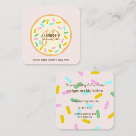 ピンククリーム赤面焼いたクリエイティブクッキードーナツ スクエア名刺 (正面/裏面)
