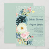 ピンククリーム フローラル グリッター ネオ ミント ブライダル シャワー 招待状 (正面/裏面)