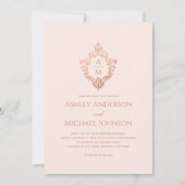 ピンククレスト結婚モノグラムヴィンテージバラ金ゴールド 招待状 (正面)