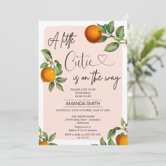 ピンククレメンチンオレンジ小さなかわいこちゃん赤ちゃんシャワー 招待状 (スタンド正面)