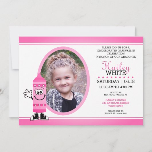 ピンククレヨン幼稚園パーティの招待状 招待状 (正面)