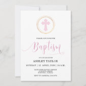 ピンククロスとフェイク金ゴールドフレームバプテスマ 招待状 (正面)