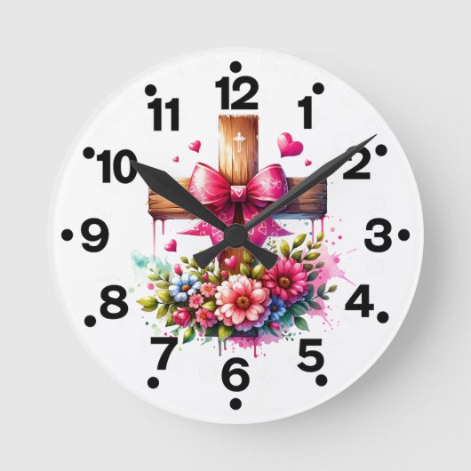 ピンククロスの花 ラウンド壁時計 (正面)