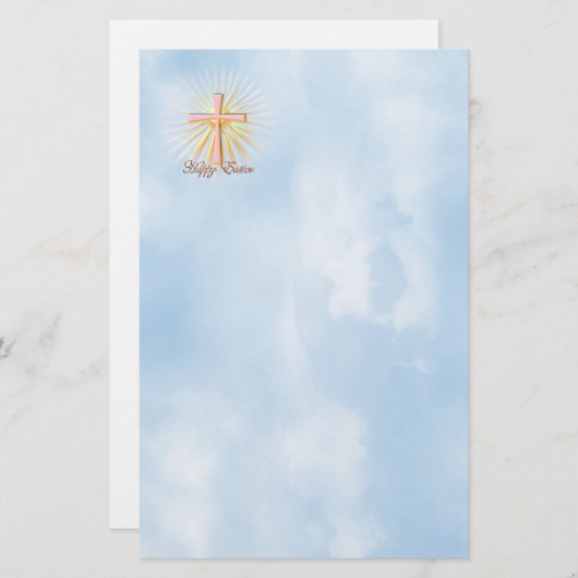 ピンククロスオンクラウドハッピーイースター文字 便箋 (正面/裏面)