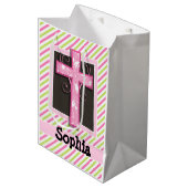 ピンククロスオンピンク&ライムグリーンストライプズ ミディアムペーパーバッグ (正面アングル)