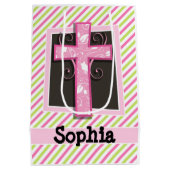 ピンククロスオンピンク&ライムグリーンストライプズ ミディアムペーパーバッグ (裏面)