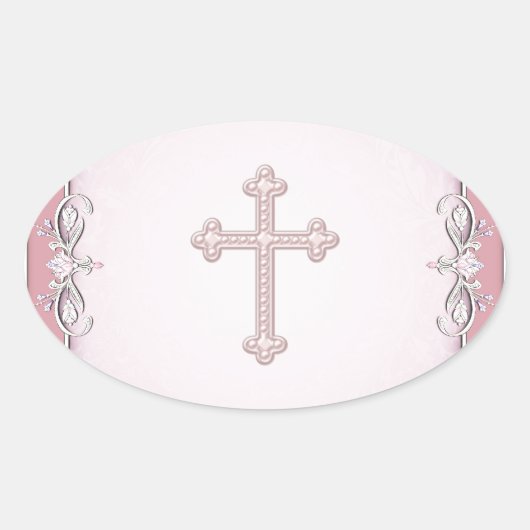 ピンククロスダマスクフラワー封筒用シール 楕円形シール (正面)