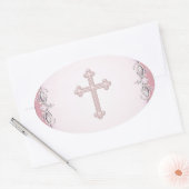 ピンククロスダマスクフラワー封筒用シール 楕円形シール (封筒)