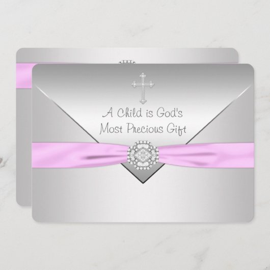 ピンククロスベビーガール《キリスト教》洗礼式や命名式 招待状 (正面/裏面)