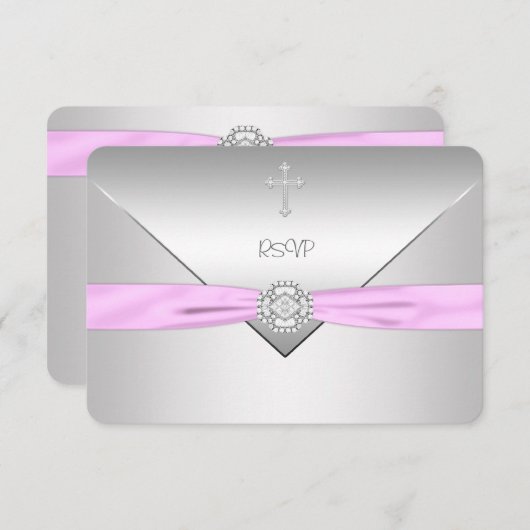 ピンククロスベビーガール《キリスト教》洗礼式や命名式RSVP 出欠カード (正面/裏面)