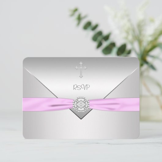 ピンククロスベビーガール《キリスト教》洗礼式や命名式RSVP 出欠カード (スタンド正面)