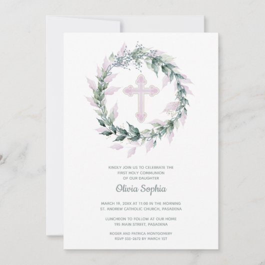 ピンククロスリースファーストコミュニオン 招待状 (正面)