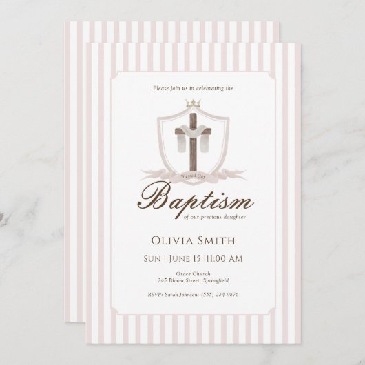 ピンククロス クレスト 洗礼招待状 招待状 (正面/裏面)