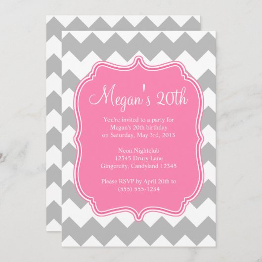 ピンククローバーシェブロン誕生日招待状 招待状 (正面/裏面)