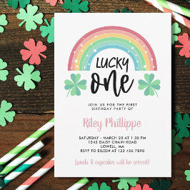 ピンククローバー&レインボーラッキーワンファースト誕生日 招待状