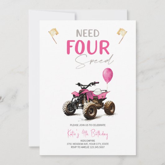 ピンククワッドバイク4th誕生日招待状 招待状 (正面)
