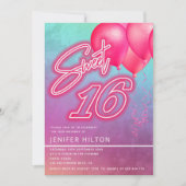 ピンククールのバルーンホログラフィックネオンスウィート16 招待状 (正面)