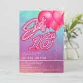 ピンククールのバルーンホログラフィックネオンスウィート16 招待状 (スタンド正面)