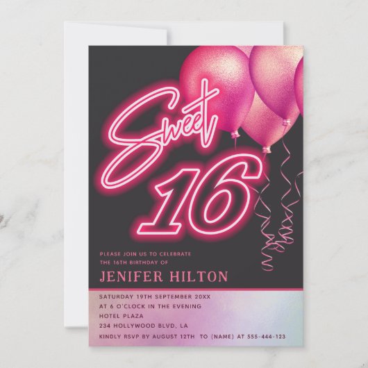 ピンククールのバルーンホログラフィックネオンスウィート16 招待状 (正面)