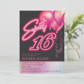 ピンククールのバルーンホログラフィックネオンスウィート16 招待状 (スタンド正面)
