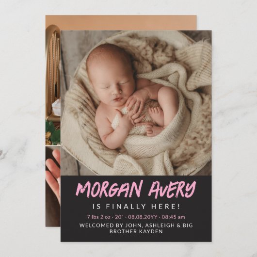 ピンククールのマーカーフォント新生児ガールフォト 案内状 (正面/裏面)