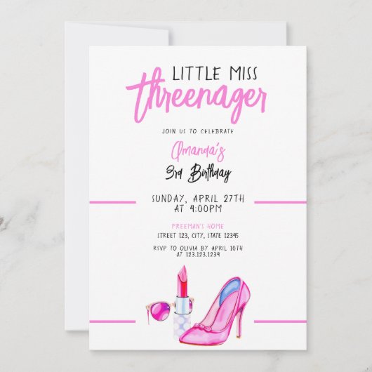 ピンククールのメイクアップをテーマにしたガーリー第3誕生日 招待状 (正面)