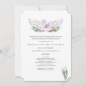 ピンククールの水色花模様エンジェルウィングスバプテスマ 招待状 (正面)