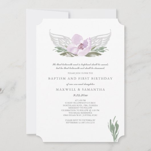 ピンククールの水色花模様エンジェルウィングスバプテスマ 招待状 (正面)