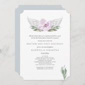 ピンククールの水色花模様エンジェルウィングスバプテスマ 招待状 (正面/裏面)