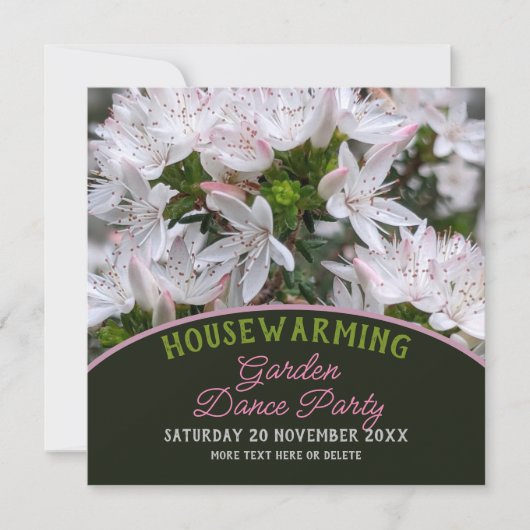 ピンククールの白い花引っ越し祝いパーティーガーデンパーティー 招待状 (正面)