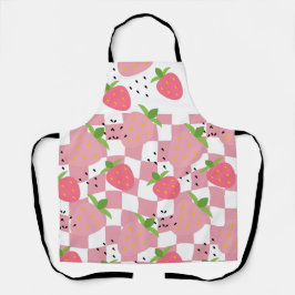 ピンククールキッチンイチゴ市松模様にデザイン エプロン