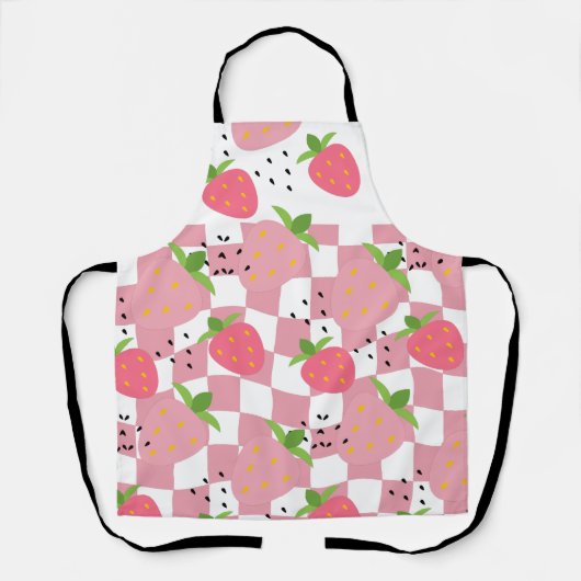 ピンククールキッチンイチゴ市松模様にデザイン エプロン (正面)