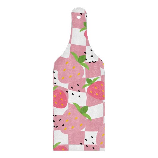 ピンククールキッチンイチゴ市松模様にデザイン カッティングボード (正面)