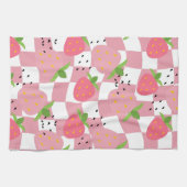 ピンククールキッチンイチゴ市松模様にデザイン キッチンタオル (横)