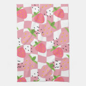 ピンククールキッチンイチゴ市松模様にデザイン キッチンタオル (縦)