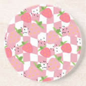 ピンククールキッチンイチゴ市松模様にデザイン コースター (正面)