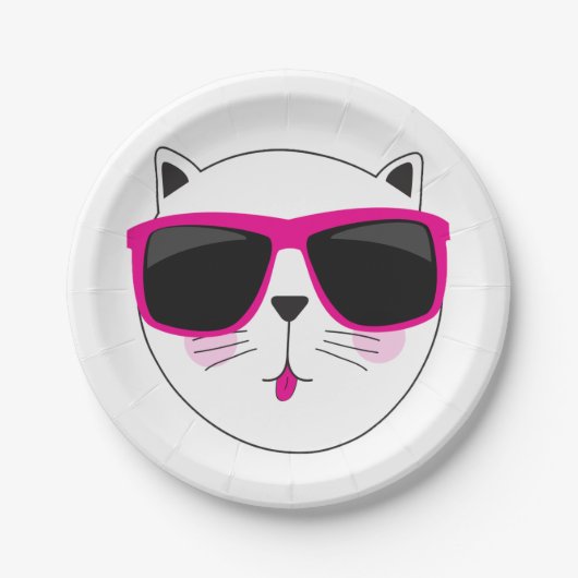 ピンククールサングラスかわいい子猫猫顔 ペーパープレート (正面)