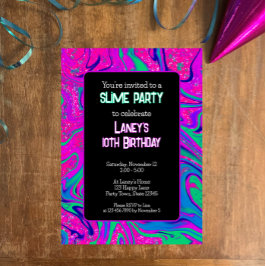 ピンククールティール（緑がかった色）グリッターガールズ誕生日スライムパーティー 招待状
