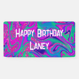 ピンククールティール（緑がかった色）グリッターガール誕生日スライムパーティー 横断幕