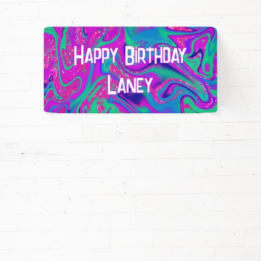 ピンククールティール(緑がかった色)グリッターガール誕生日スライムパーティー 横断幕 (インサイチュ)